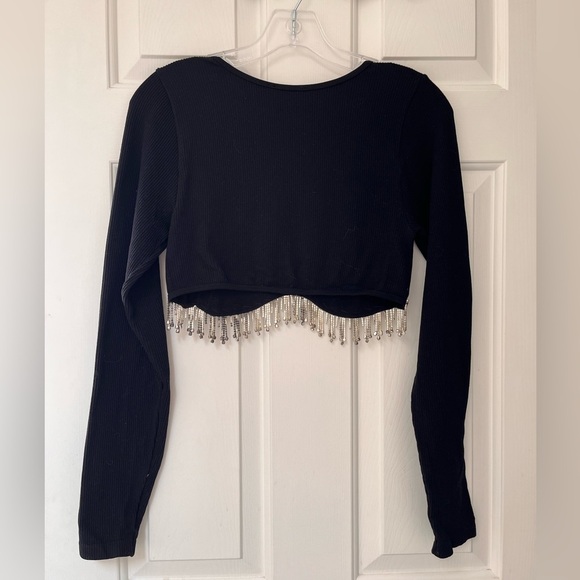 NWT Sincerely Jules Black Beaded Fringe Crop Top S/M - Picture 3 of 10